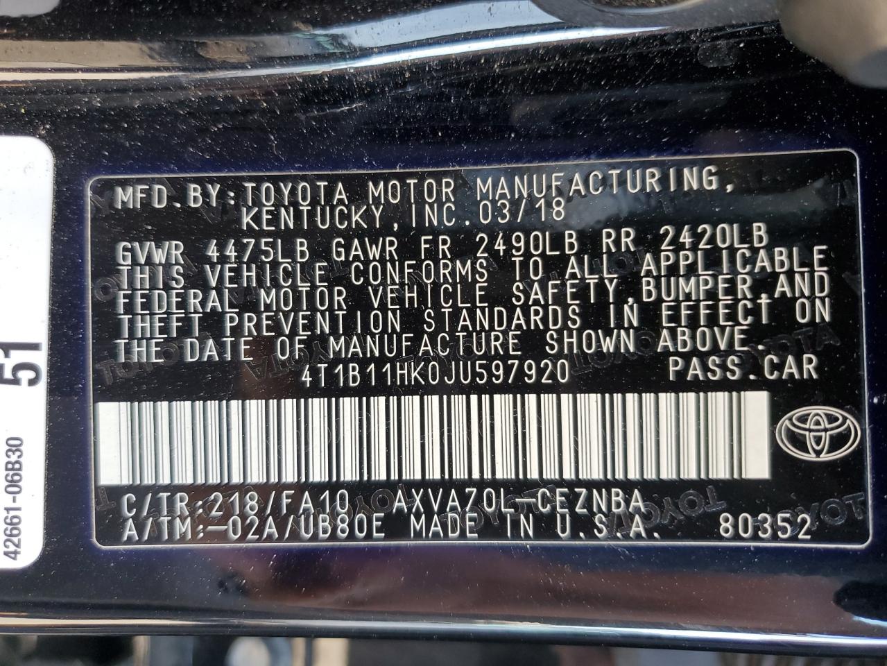 4T1B11HK0JU597920 2018 TOYOTA CAMRY - Image 15