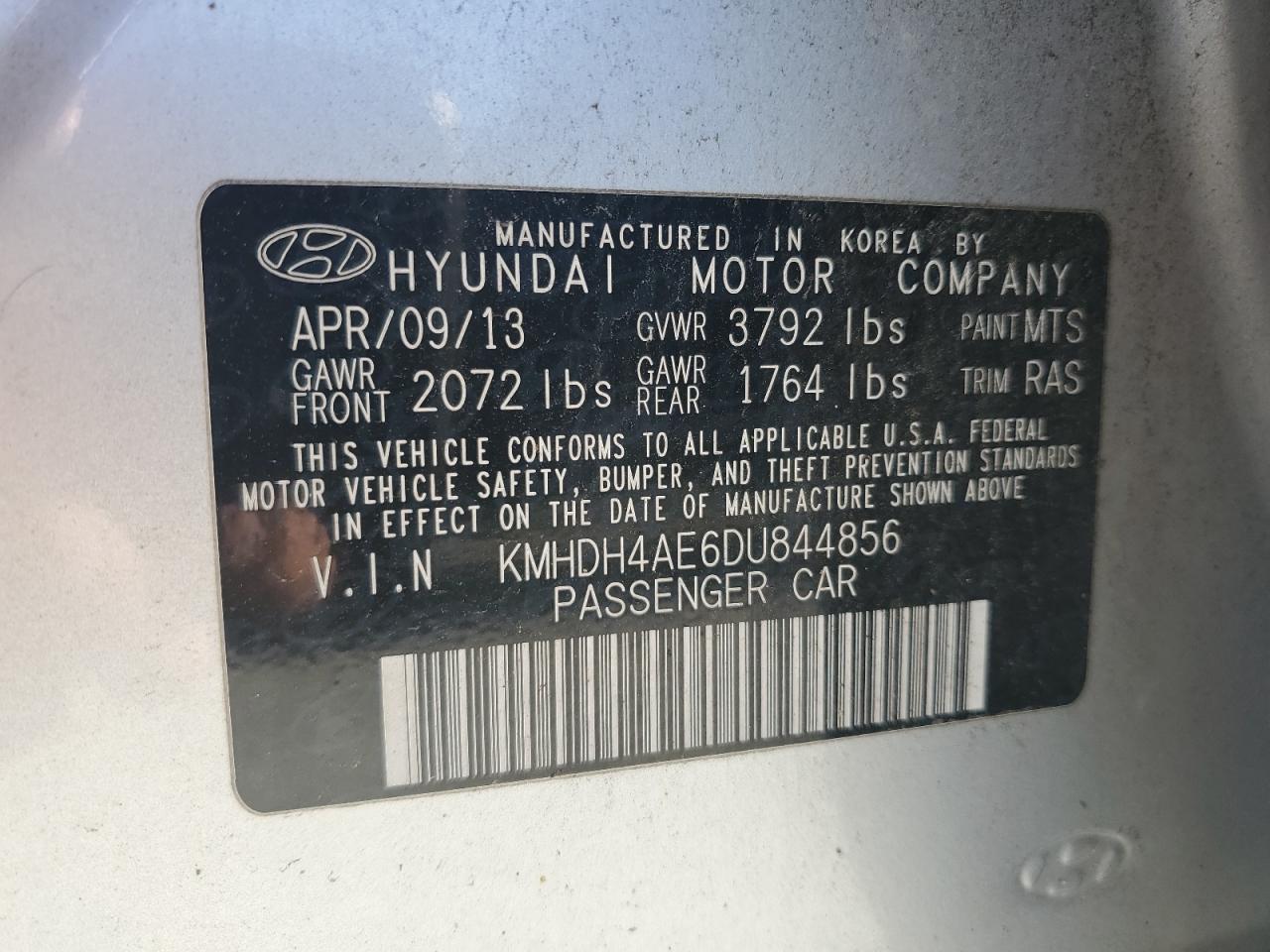 KMHDH4AE6DU844856 2013 Hyundai Elantra Gls