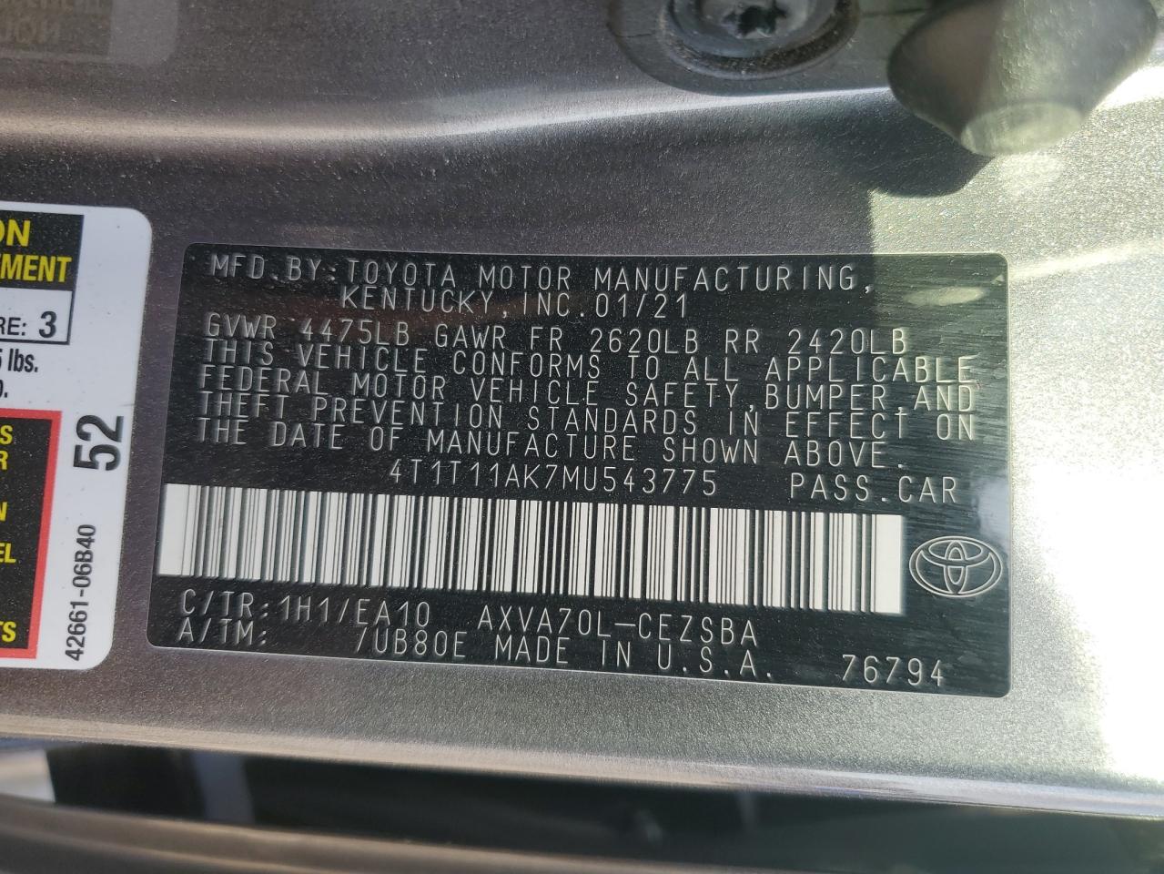 4T1T11AK7MU543775 2021 Toyota Camry Se