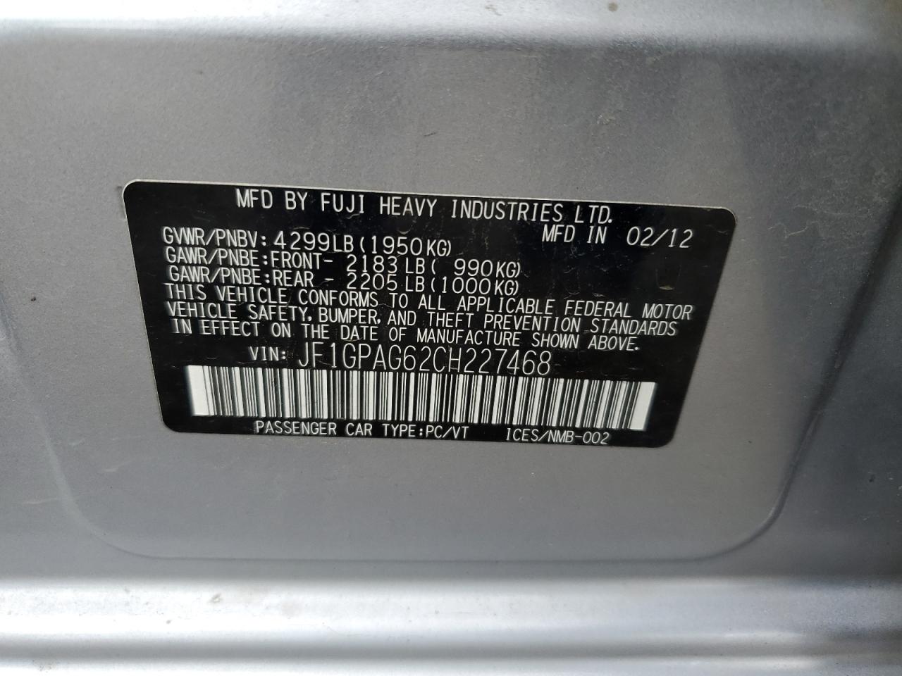 JF1GPAG62CH227468 2012 Subaru Impreza Limited