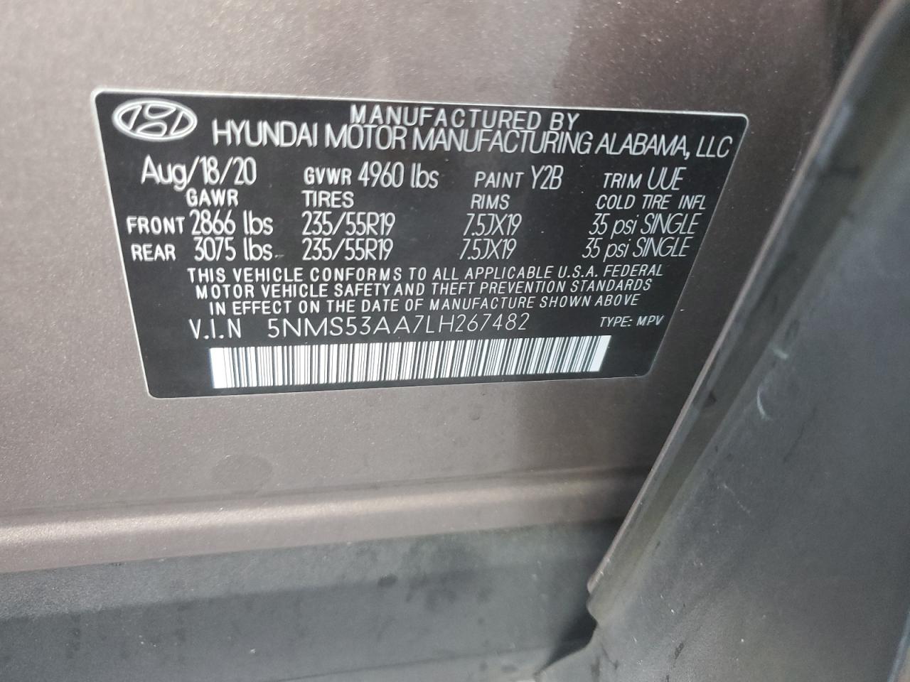 5NMS53AA7LH267482 2020 Hyundai Santa Fe Limited