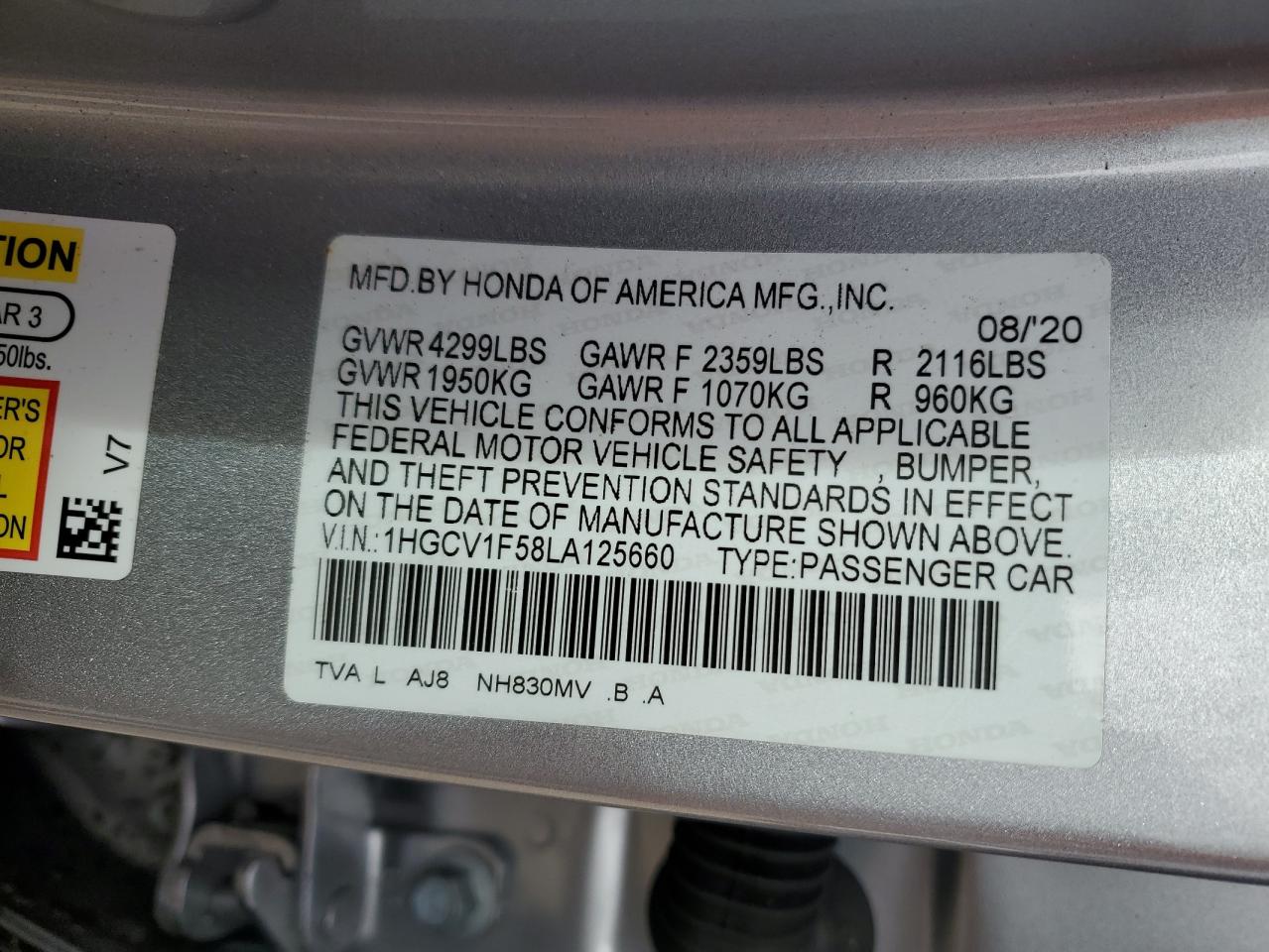 1HGCV1F58LA125660 2020 Honda Accord Exl