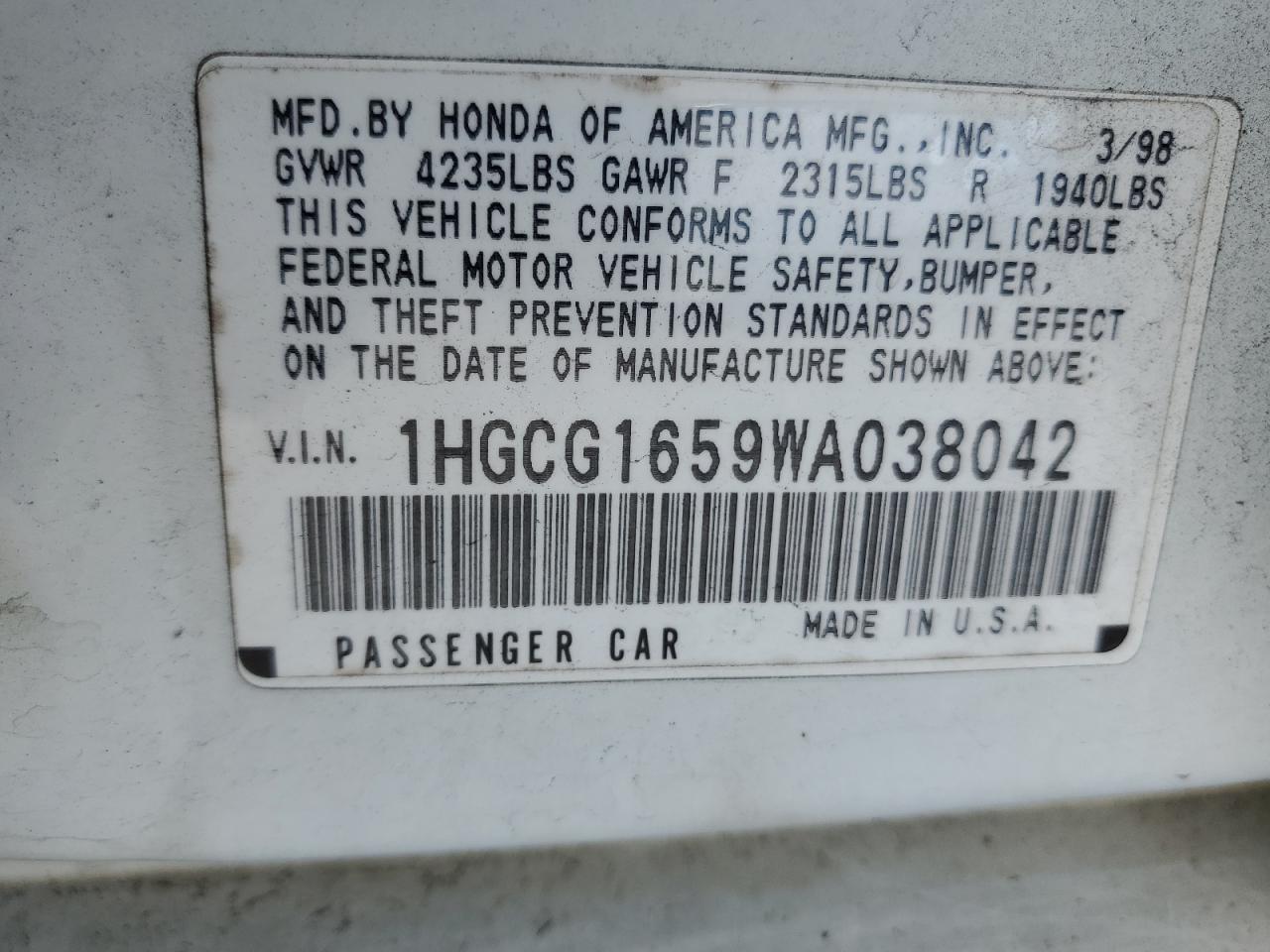 1HGCG1659WA038042 1998 Honda Accord Ex