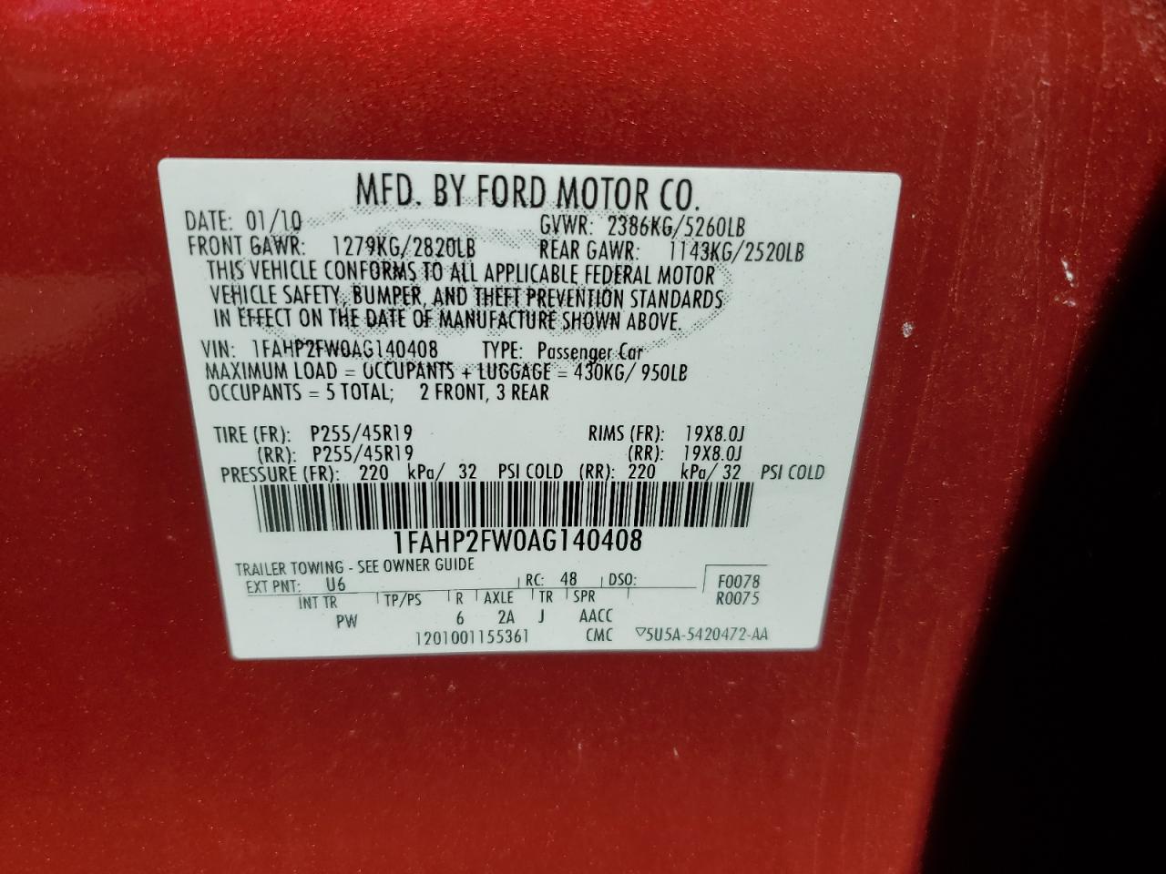 2010 Ford Taurus Limited VIN: 1FAHP2FW0AG140408 Lot: 75484624