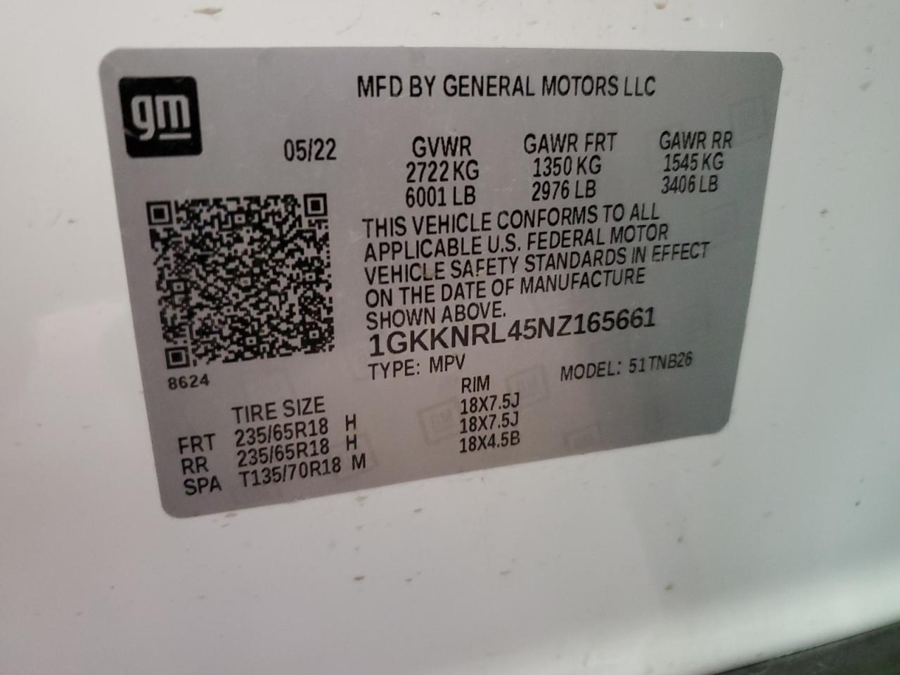 1GKKNRL45NZ165661 2022 GMC Acadia Sle