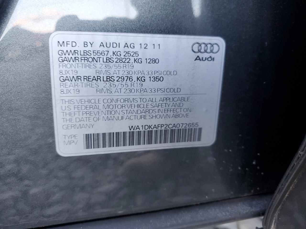 2012 Audi Q5 Premium Plus VIN: WA1DKAFP2CA072655 Lot: 76181104