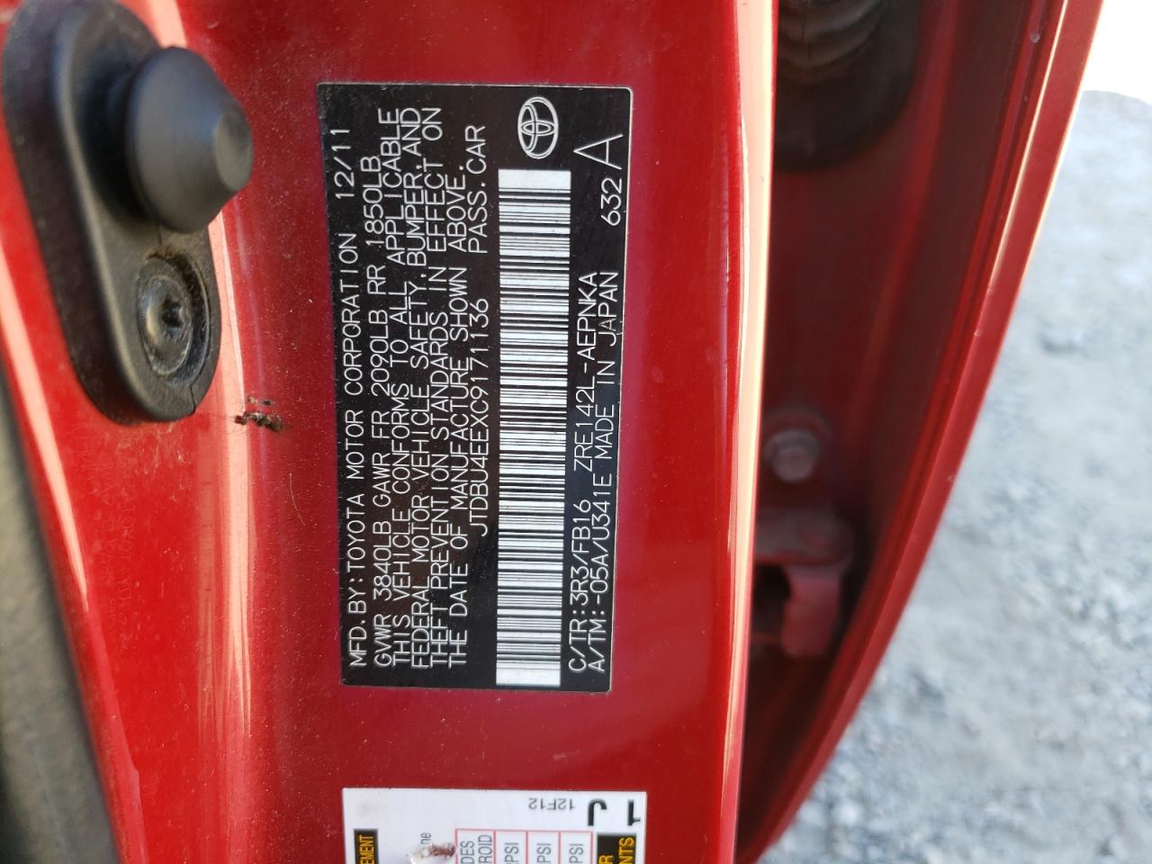 2012 Toyota Corolla Base VIN: JTDBU4EEXC9171136 Lot: 73730344