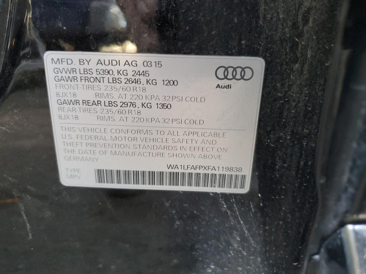 2015 Audi Q5 Premium Plus VIN: WA1LFAFPXFA119838 Lot: 75948844