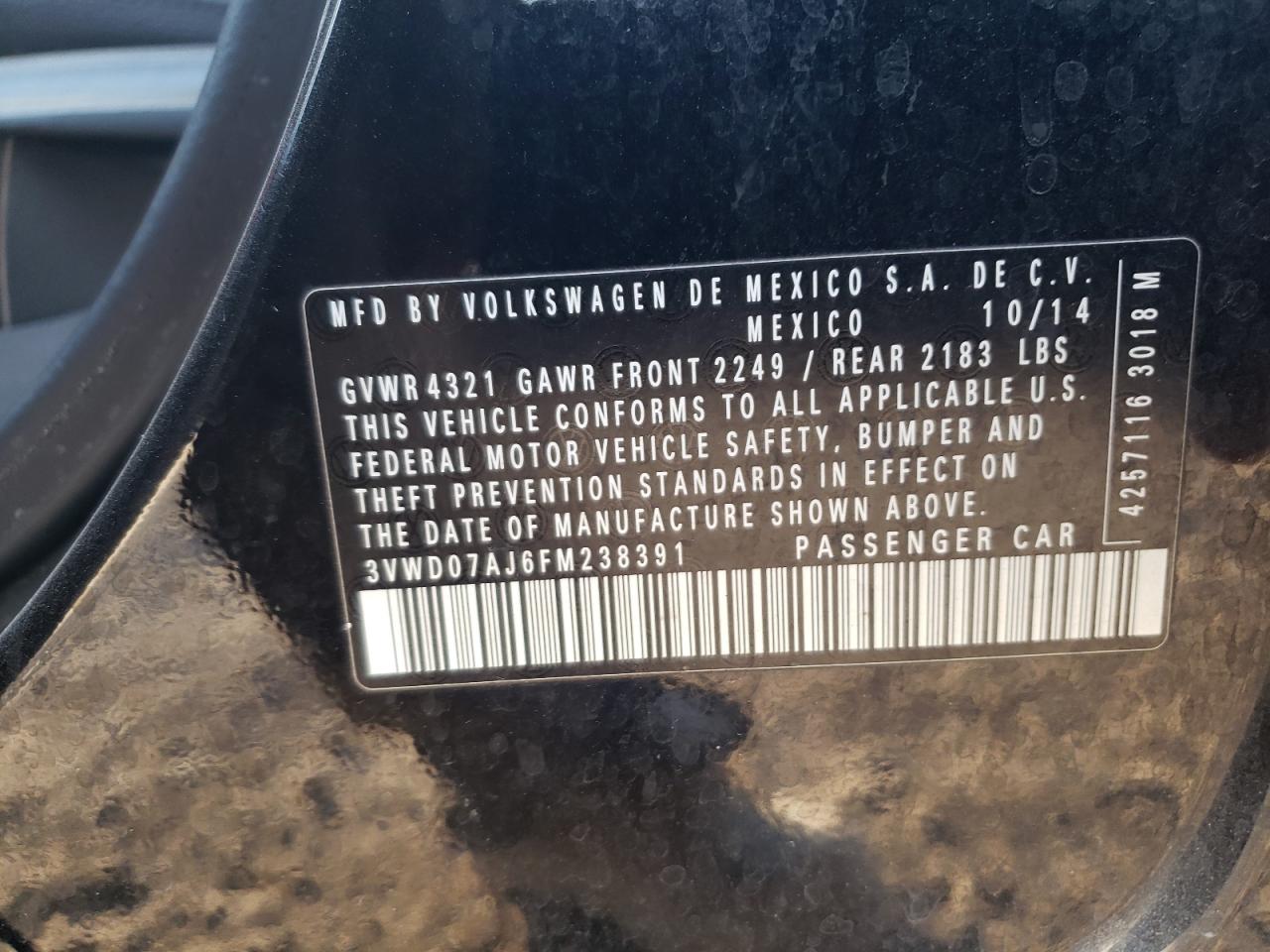 2015 Volkswagen Jetta Se VIN: 3VWD07AJ6FM238391 Lot: 74020924