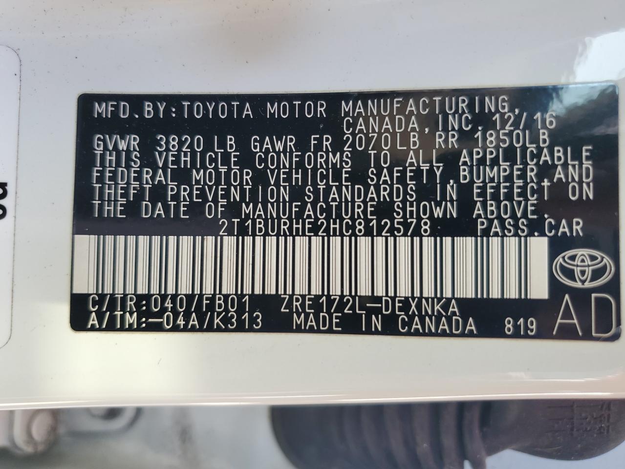 2017 Toyota Corolla L VIN: 2T1BURHE2HC812578 Lot: 75337694