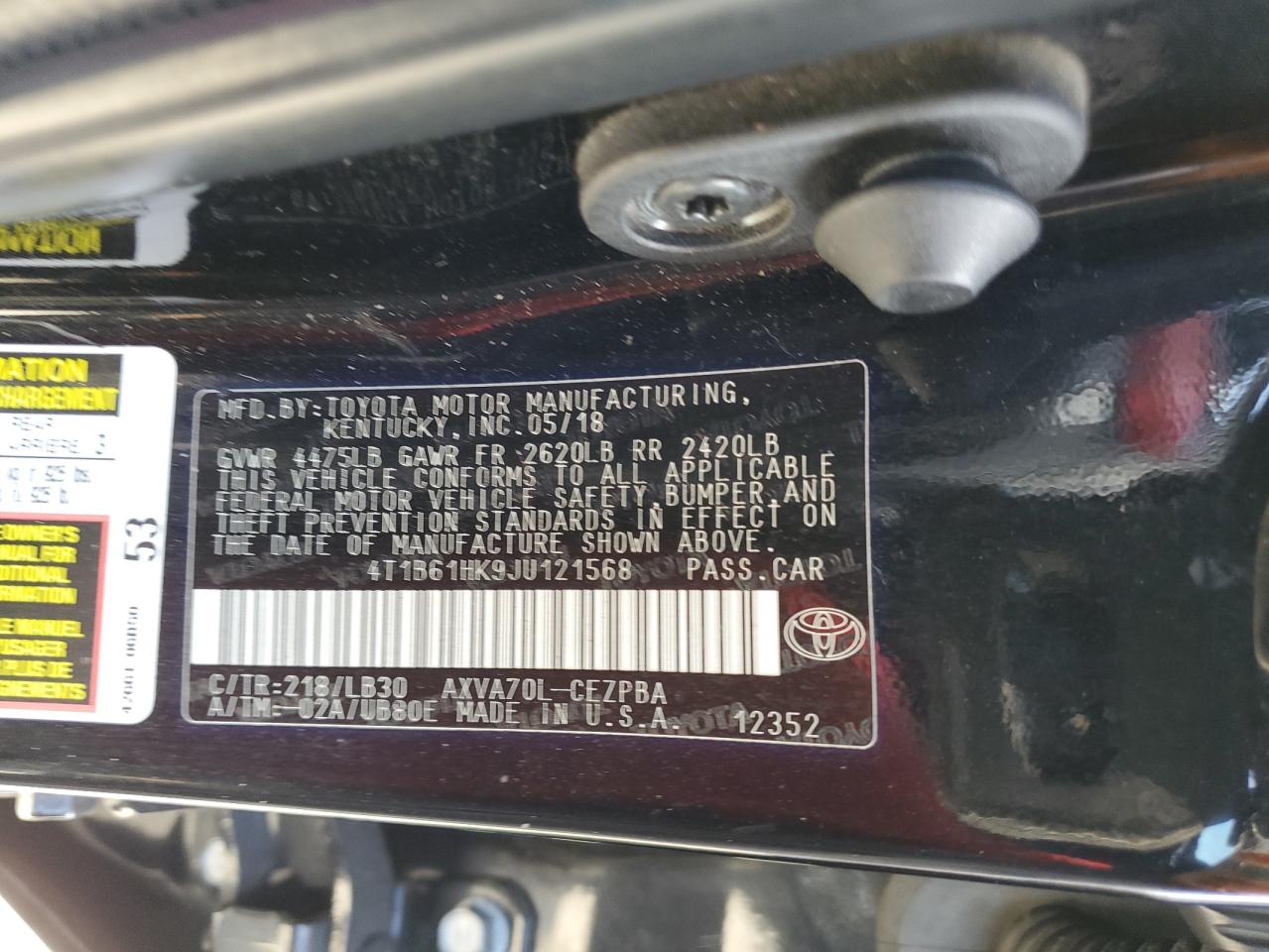 4T1B61HK9JU121568 2018 TOYOTA CAMRY - Image 12