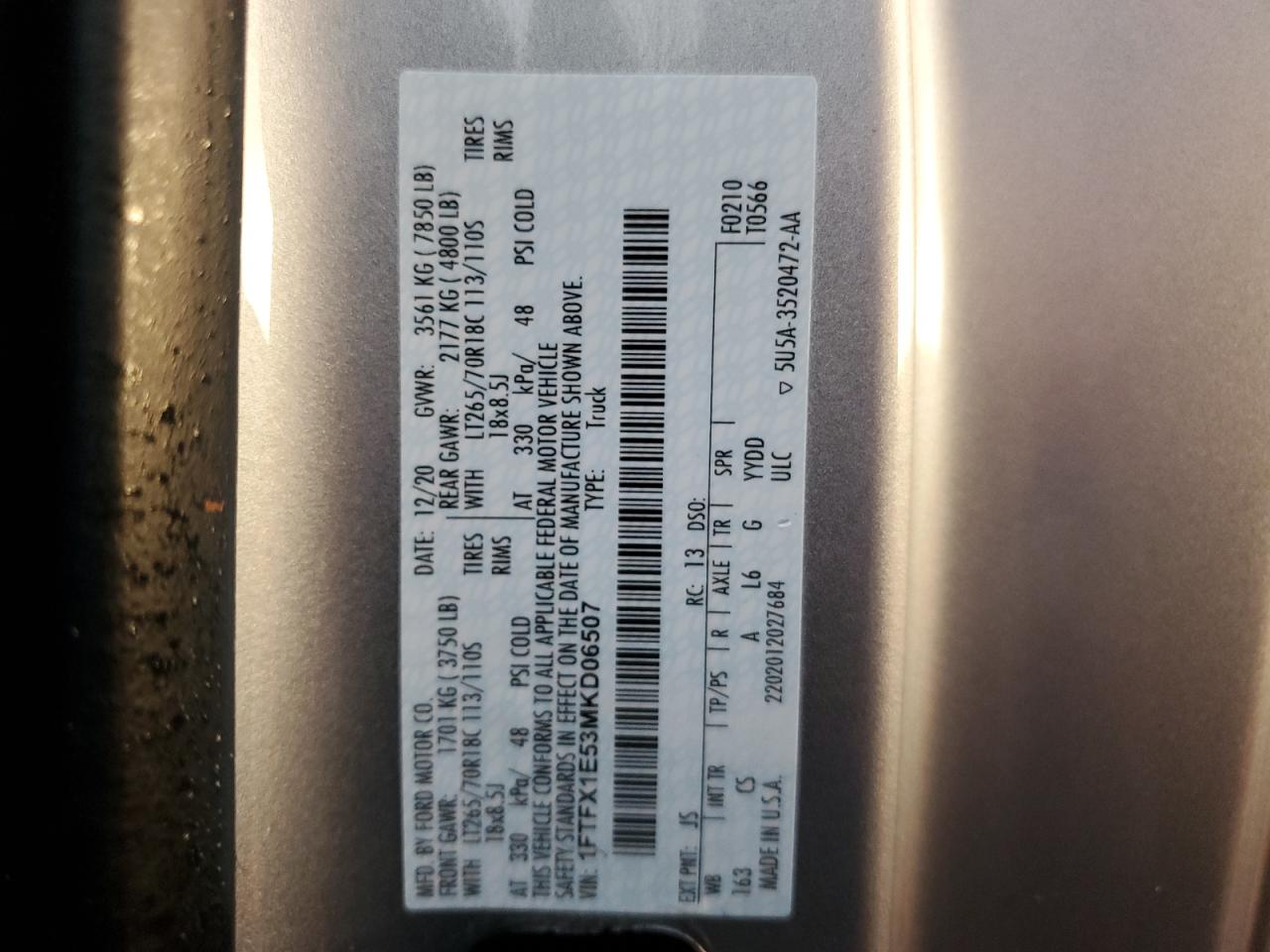 2021 Ford F150 Super Cab VIN: 1FTFX1E53MKD06507 Lot: 74595984