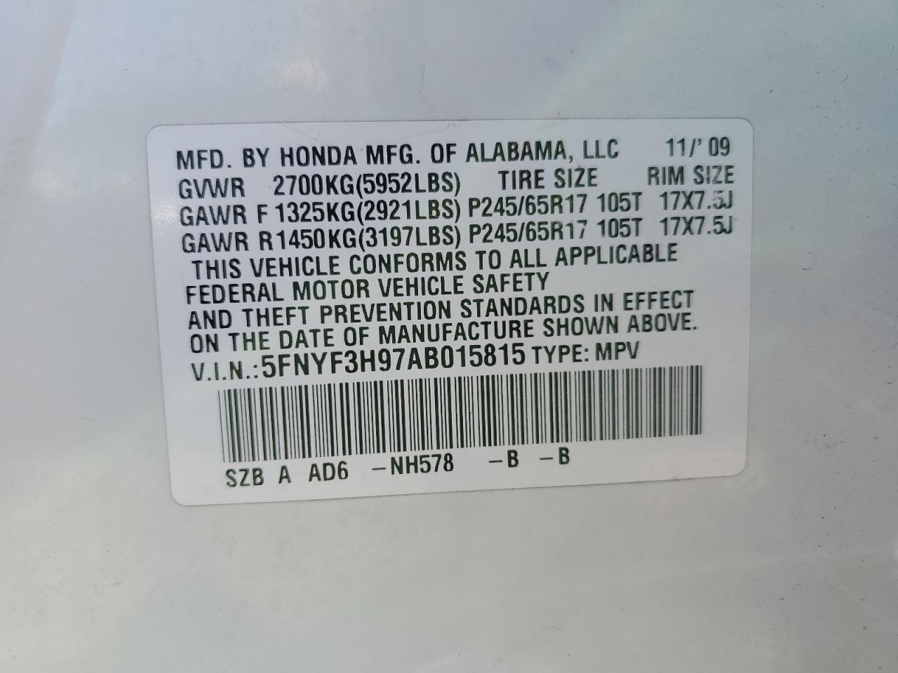 5FNYF3H97AB015815 2010 Honda Pilot Touring