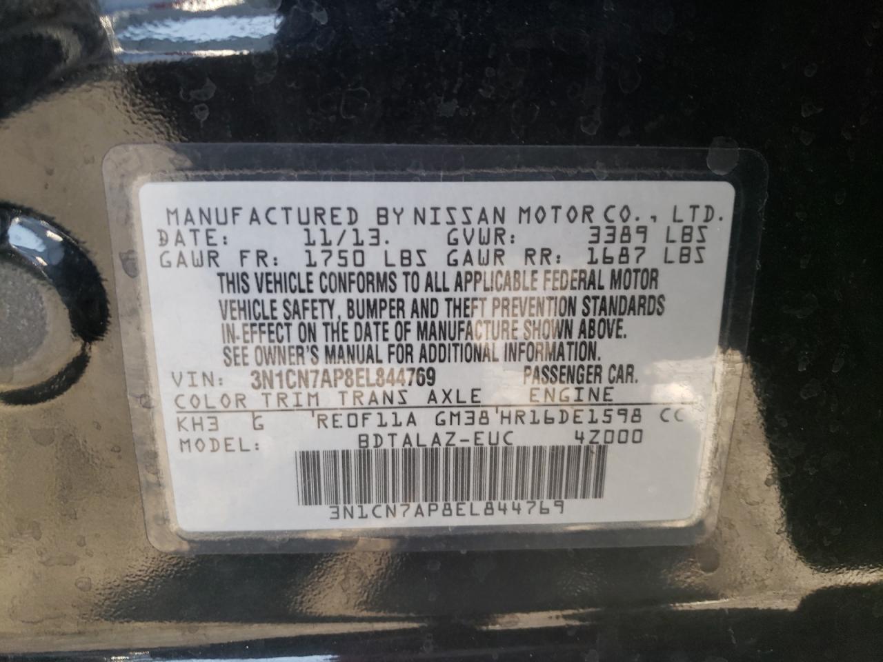 2014 Nissan Versa S VIN: 3N1CN7AP8EL844769 Lot: 78050254