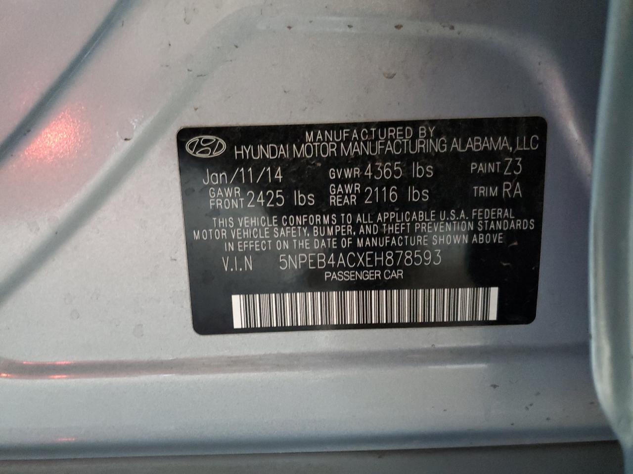 5NPEB4ACXEH878593 2014 Hyundai Sonata Gls