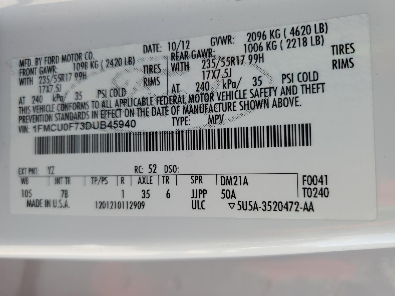 1FMCU0F73DUB45940 2013 Ford Escape S