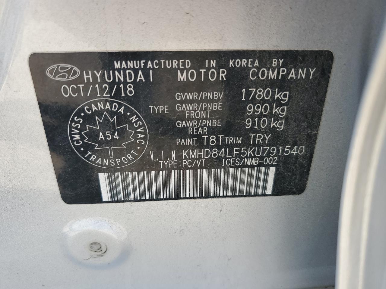 KMHD84LF5KU791540 2019 Hyundai Elantra Sel