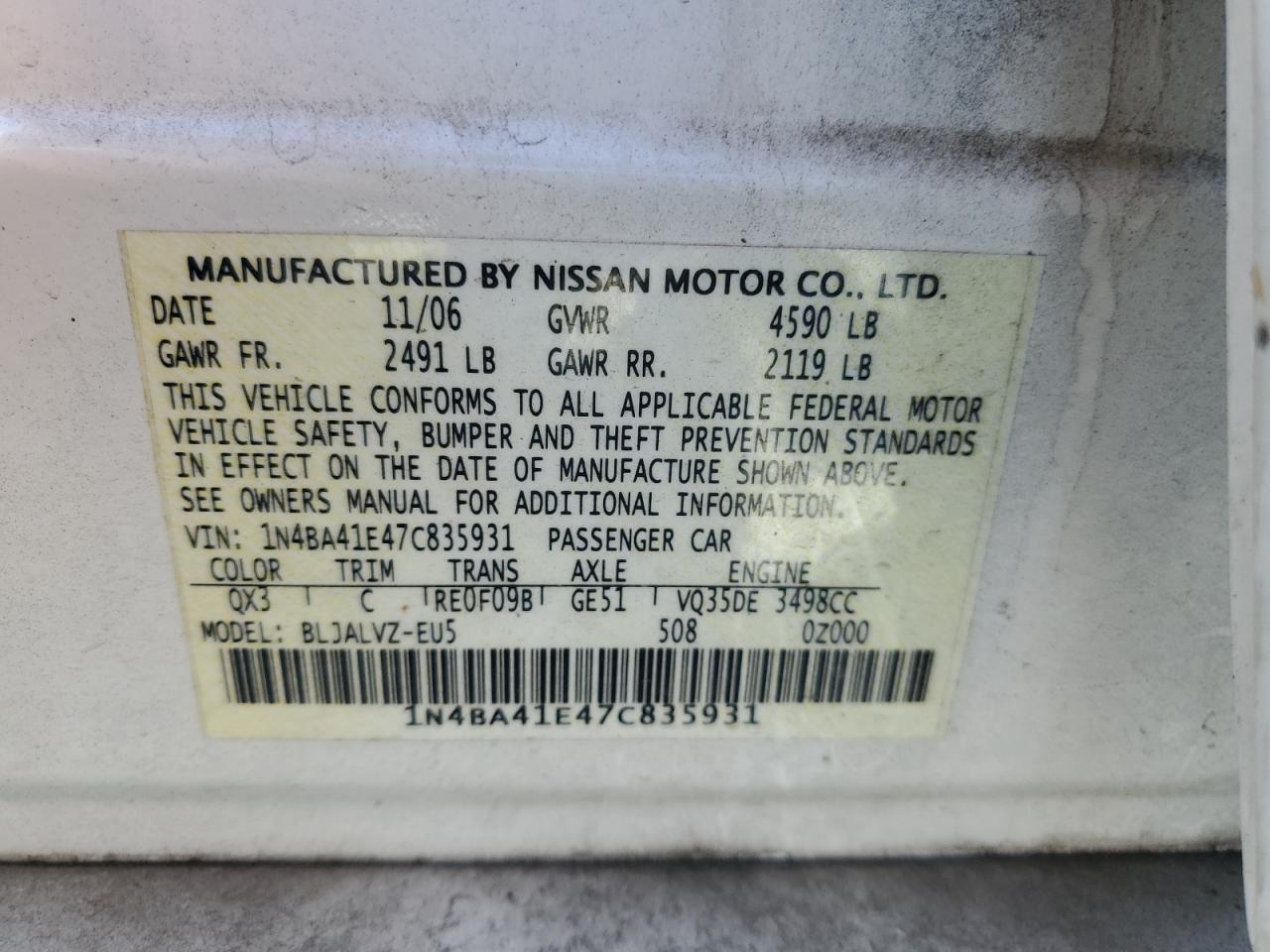 1N4BA41E47C835931 2007 Nissan Maxima Se