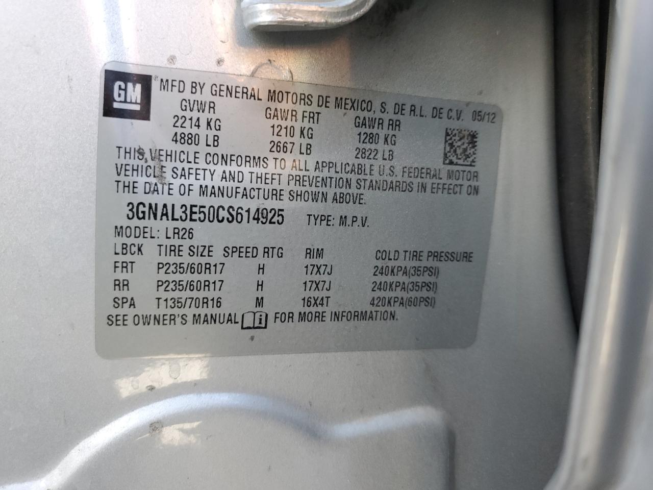 2012 Chevrolet Captiva Sport VIN: 3GNAL3E50CS614925 Lot: 78508974