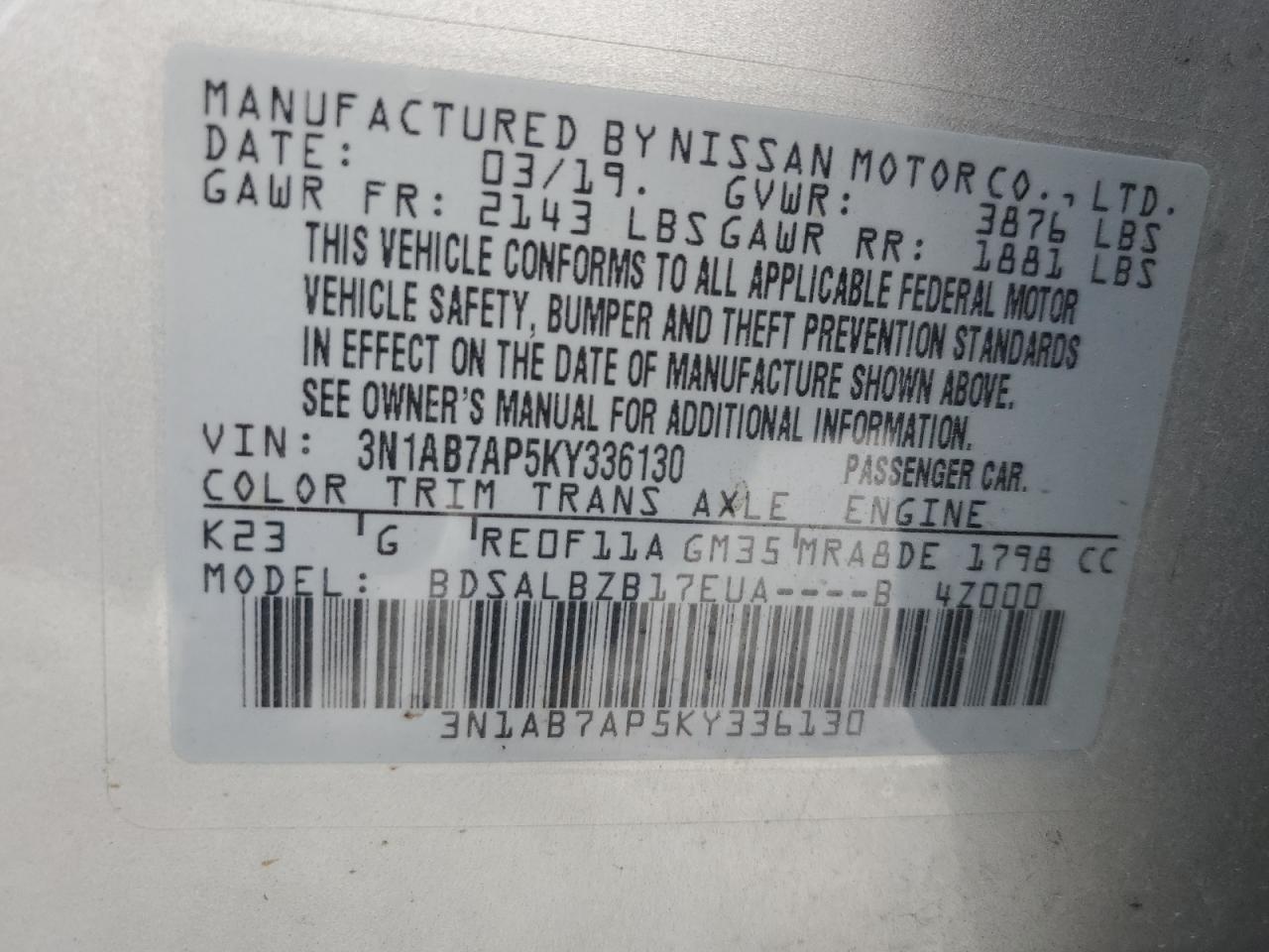 VIN 3N1AB7AP5KY336130 2019 NISSAN SENTRA no.12