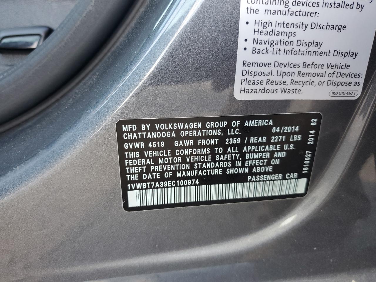 2014 Volkswagen Passat Se VIN: 1VWBT7A39EC100974 Lot: 75103124