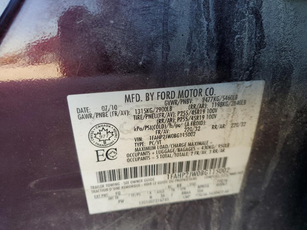 2011 Ford Taurus Limited VIN: 1FAHP2JW0BG115002 Lot: 75722444