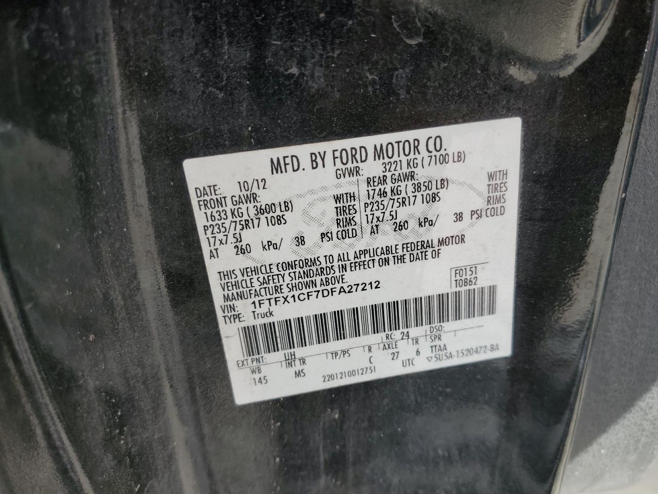 2013 Ford F150 Super Cab VIN: 1FTFX1CF7DFA27212 Lot: 75485474