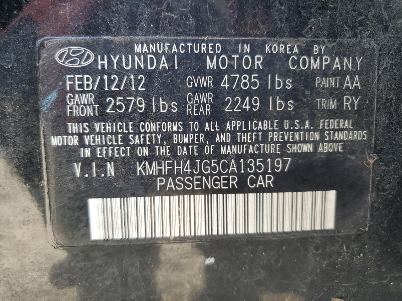 KMHFH4JG5CA135197 2012 Hyundai Azera Gls