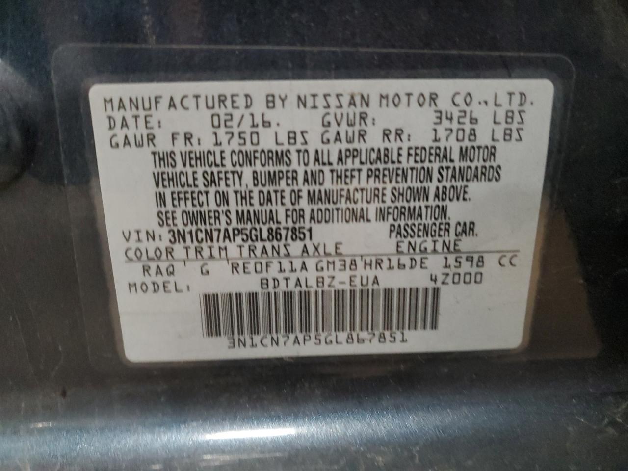 VIN 3N1CN7AP5GL867851 2016 NISSAN VERSA no.12