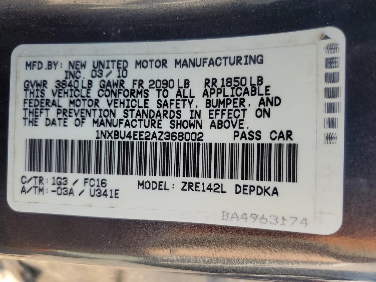 2010 Toyota Corolla Base VIN: 1NXBU4EE2AZ368002 Lot: 77144834