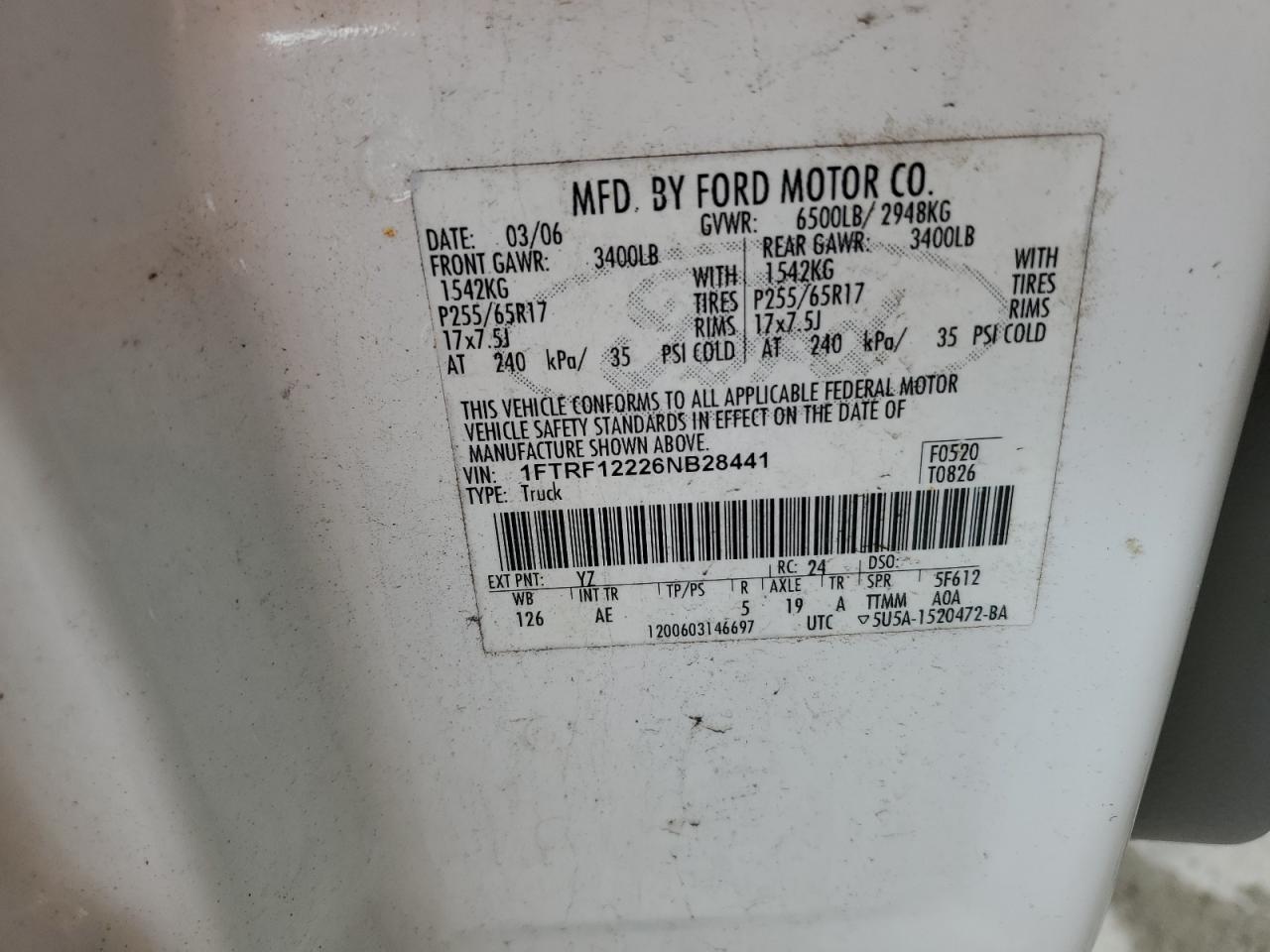 2006 Ford F150 VIN: 1FTRF12226NB28441 Lot: 75693344