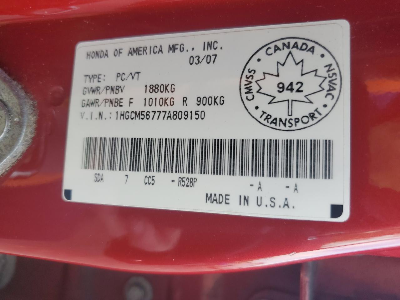 2007 Honda Accord Ex VIN: 1HGCM56777A809150 Lot: 75773684