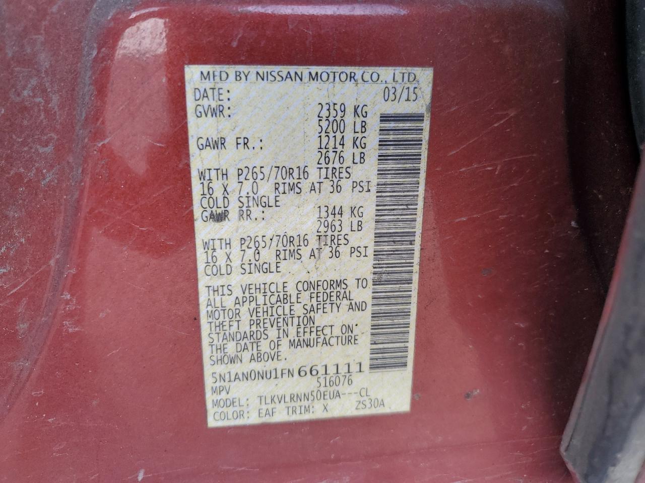 2015 Nissan Xterra X VIN: 5N1AN0NU1FN661111 Lot: 78238014