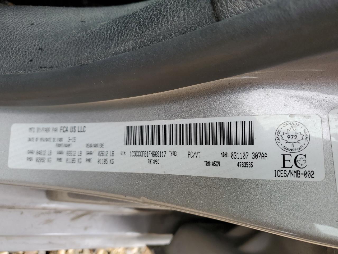 2015 Chrysler 200 Lx VIN: 1C3CCCFB1FN669117 Lot: 73750034