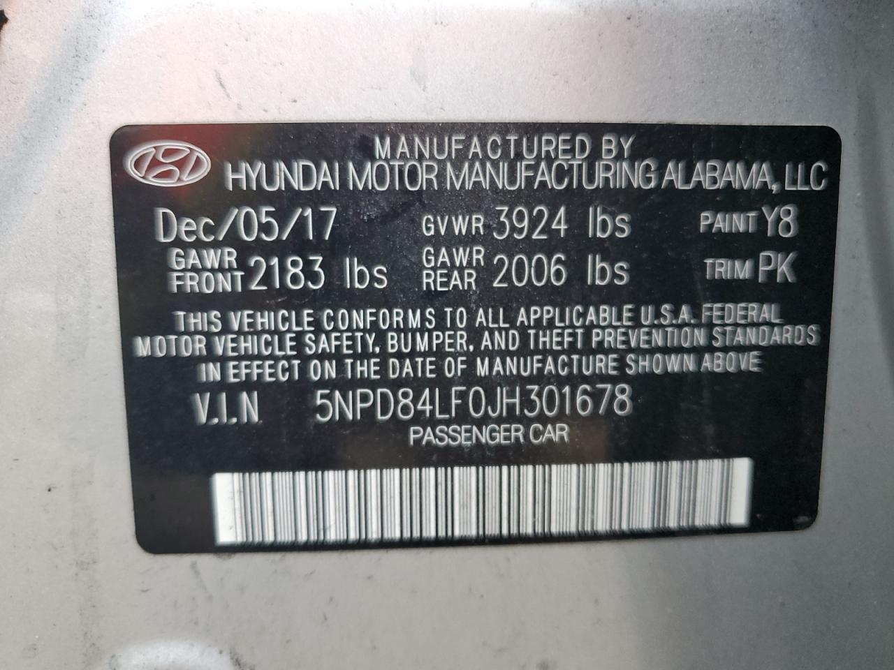 5NPD84LF0JH301678 2018 Hyundai Elantra Sel