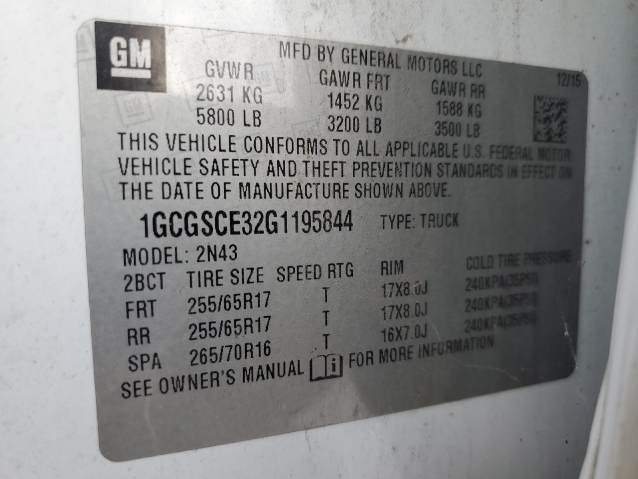 2016 Chevrolet Colorado Lt VIN: 1GCGSCE32G1195844 Lot: 61472065