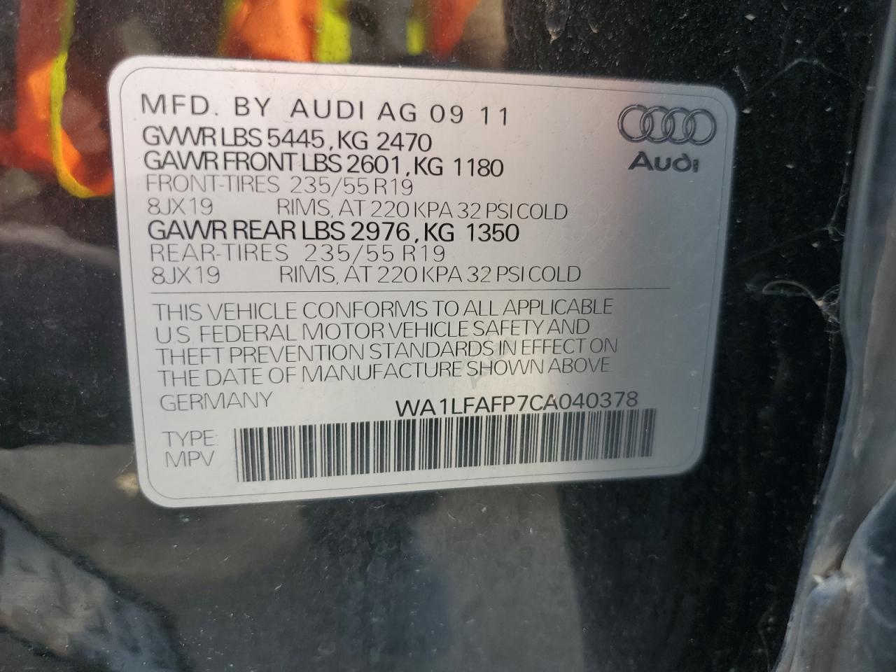 2012 Audi Q5 Premium Plus VIN: WA1LFAFP7CA040378 Lot: 74370374