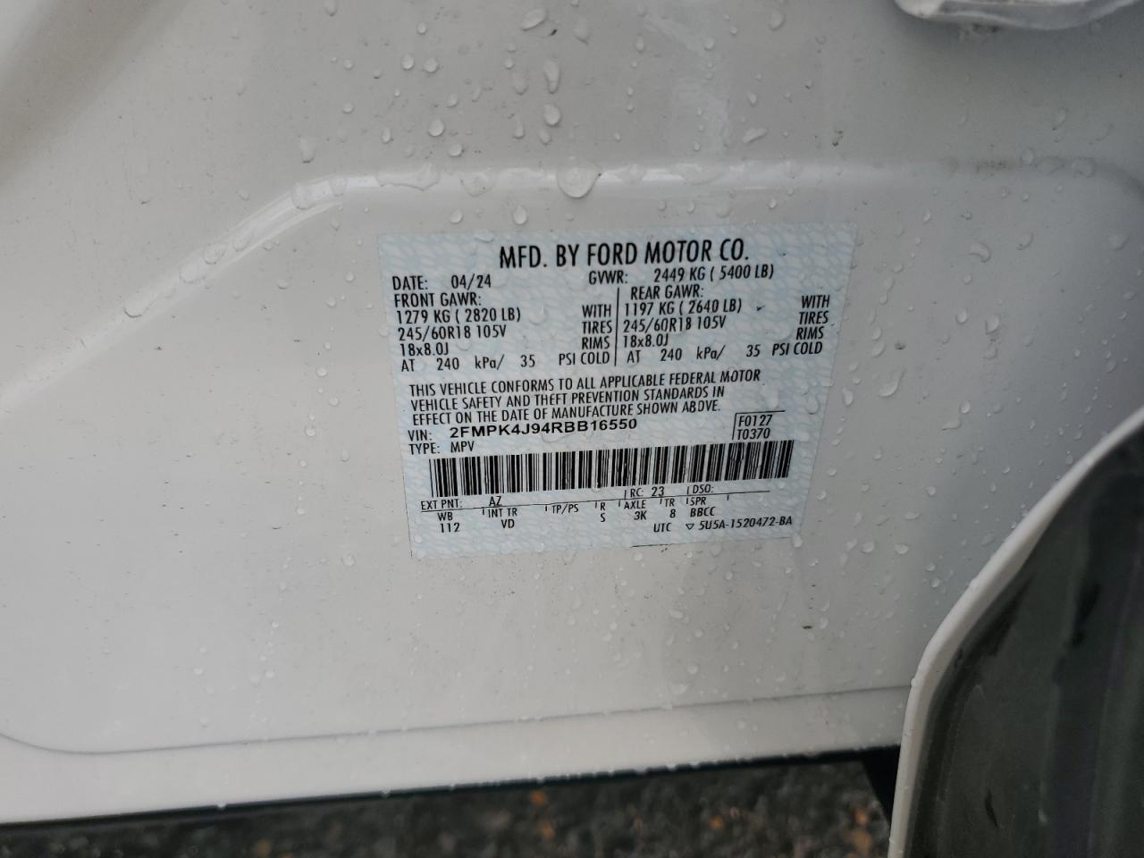 2024 Ford Edge Sel VIN: 2FMPK4J94RBB16550 Lot: 78700134