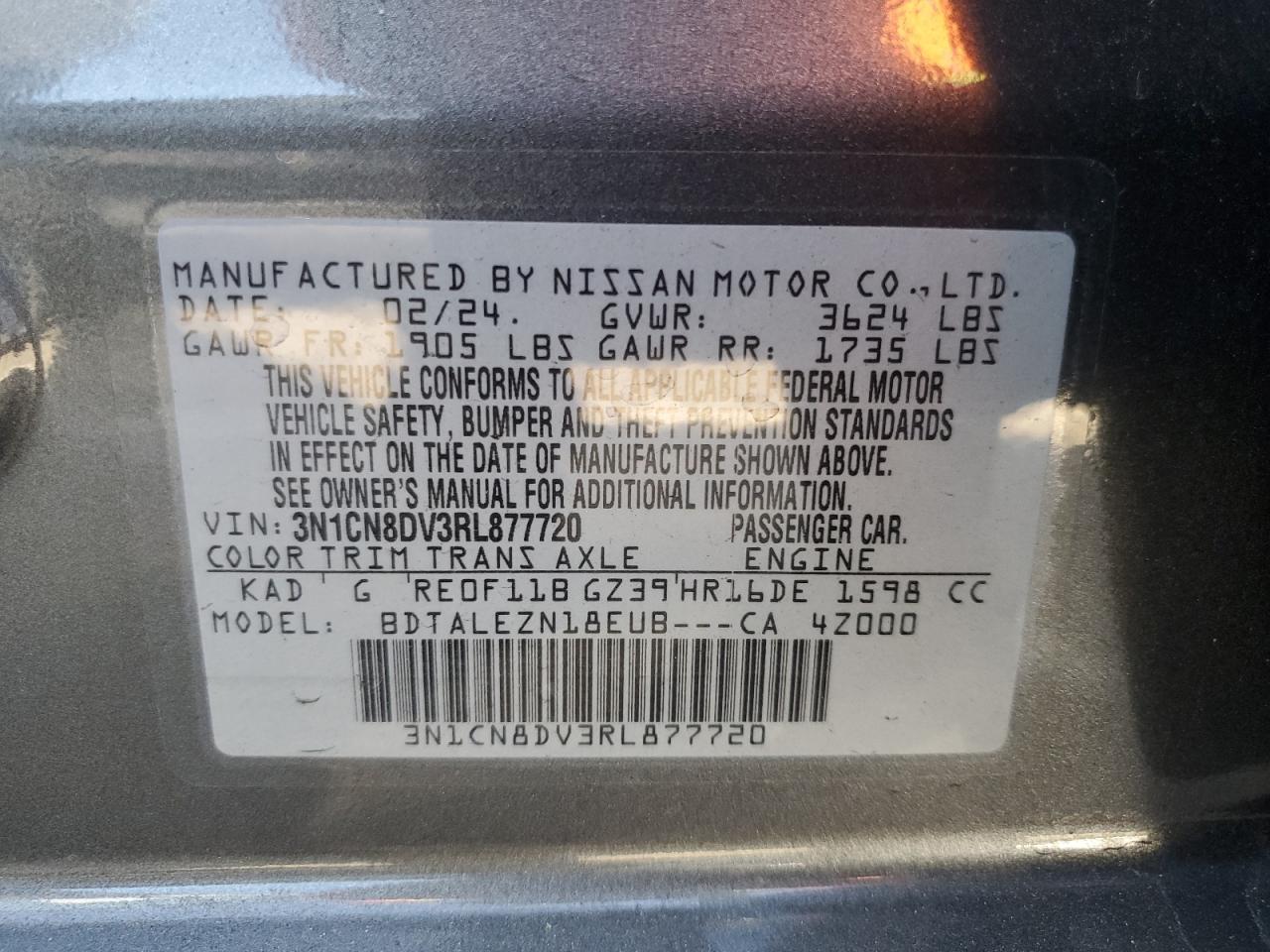 2024 Nissan Versa S VIN: 3N1CN8DV3RL877720 Lot: 77348294