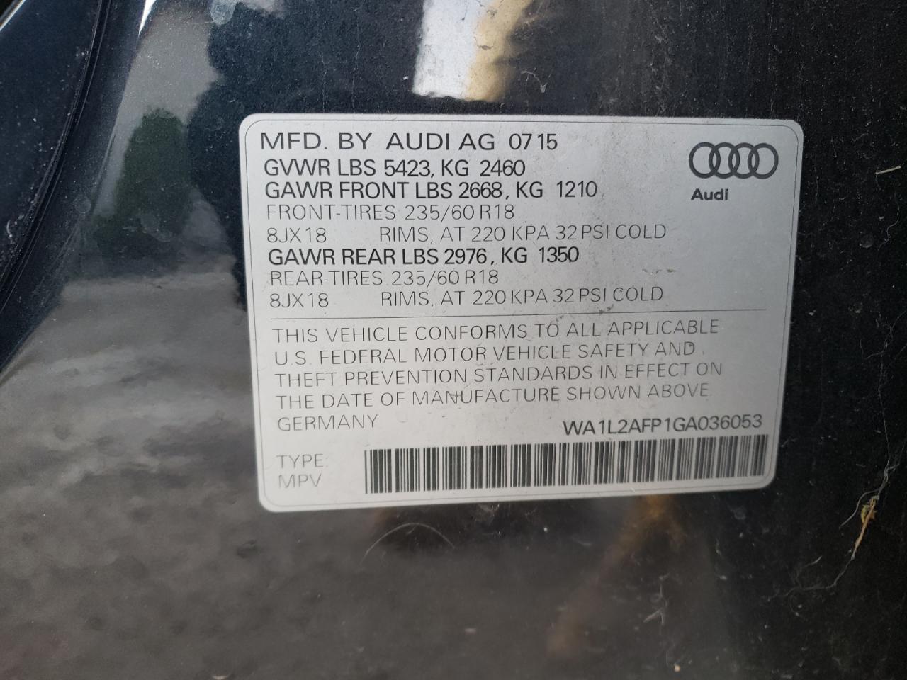 2016 Audi Q5 Premium Plus VIN: WA1L2AFP1GA036053 Lot: 78382824