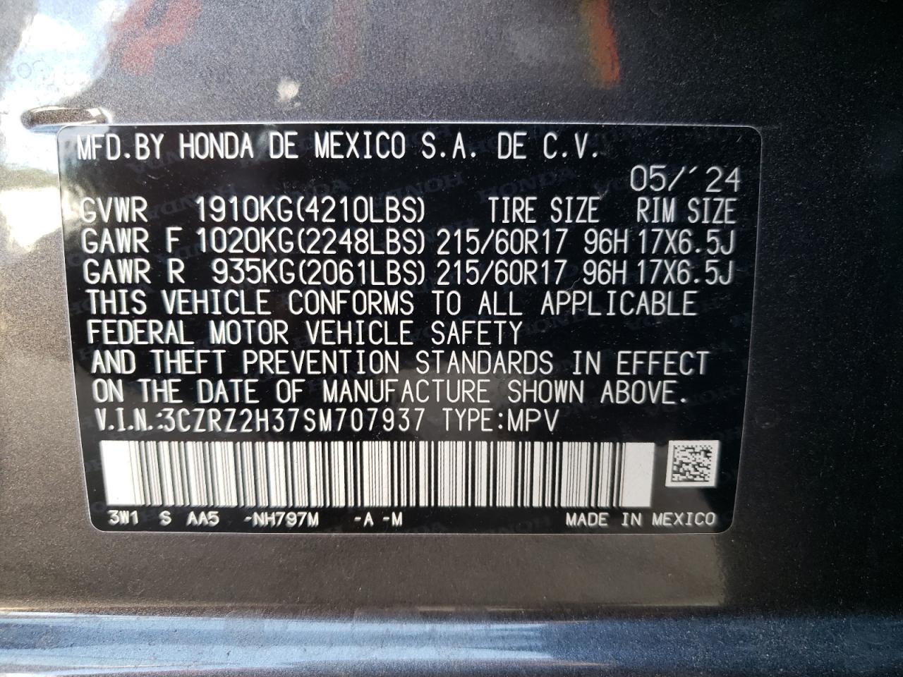 2025 Honda Hr-V Lx VIN: 3CZRZ2H37SM707937 Lot: 73984004