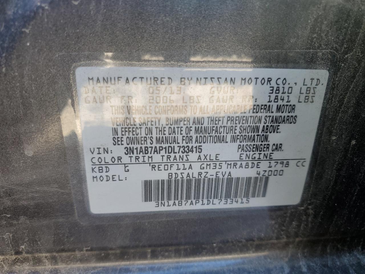 2013 Nissan Sentra S VIN: 3N1AB7AP1DL733415 Lot: 77705734