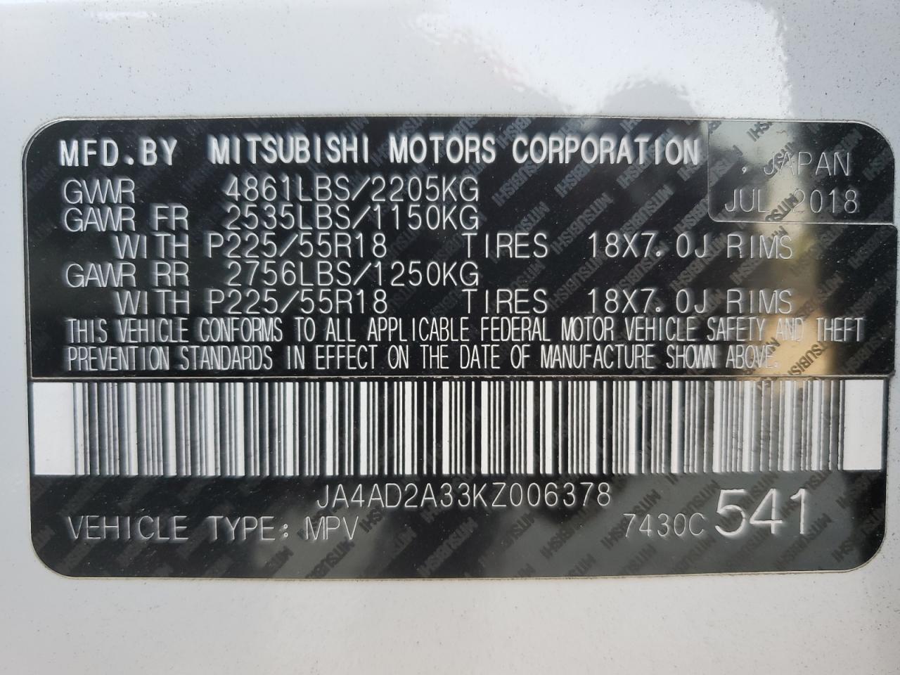 2019 Mitsubishi Outlander Es VIN: JA4AD2A33KZ006378 Lot: 74822944