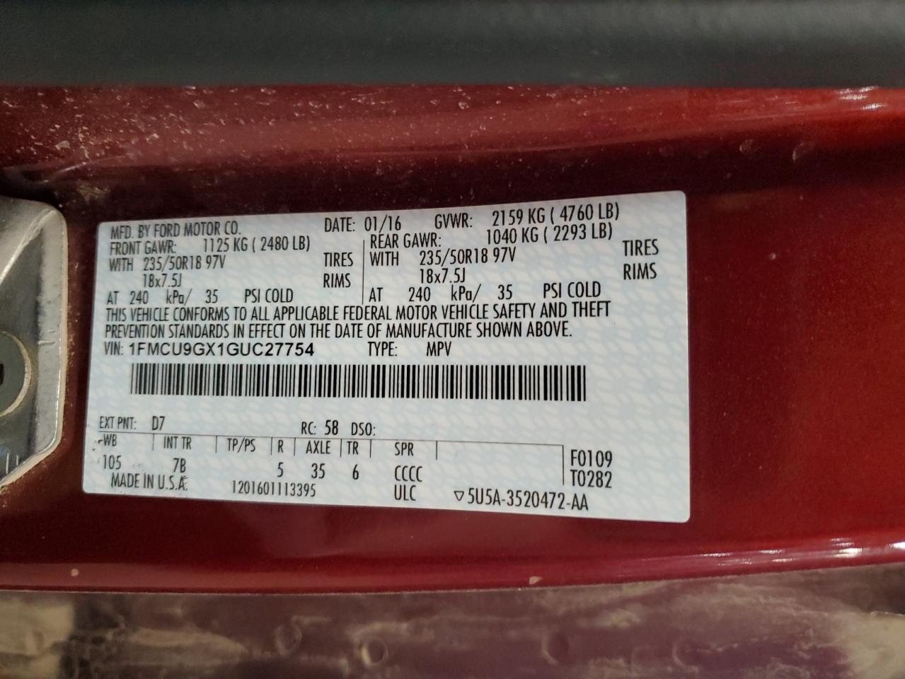 2016 Ford Escape Se VIN: 1FMCU9GX1GUC27754 Lot: 77156604