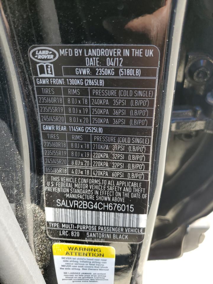 2012 Land Rover Range Rover Evoque Pure Premium VIN: SALVR2BG4CH676015 Lot: 75958854