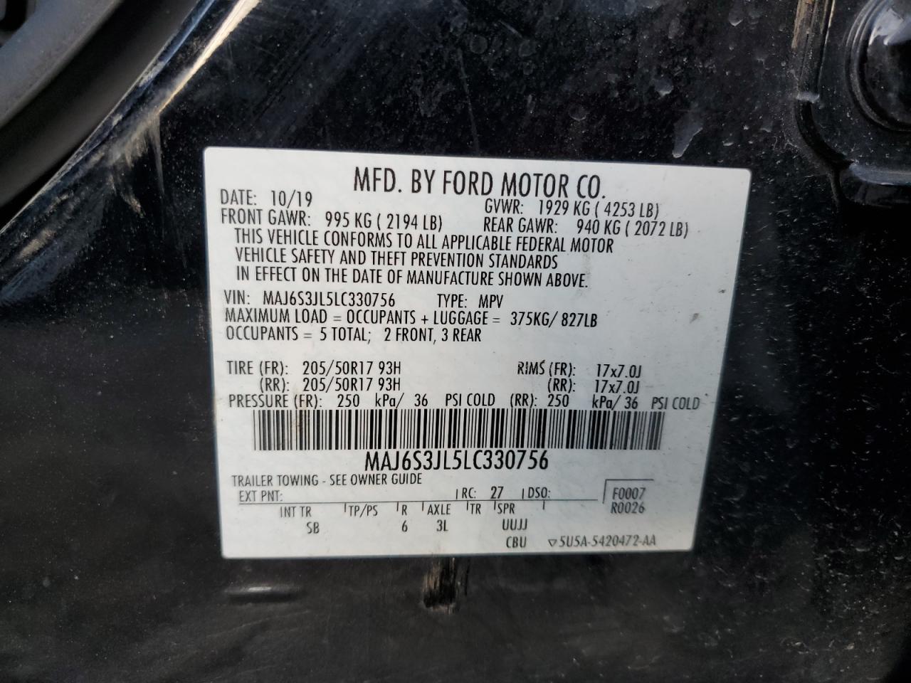 2020 Ford Ecosport Ses VIN: MAJ6S3JL5LC330756 Lot: 78212344