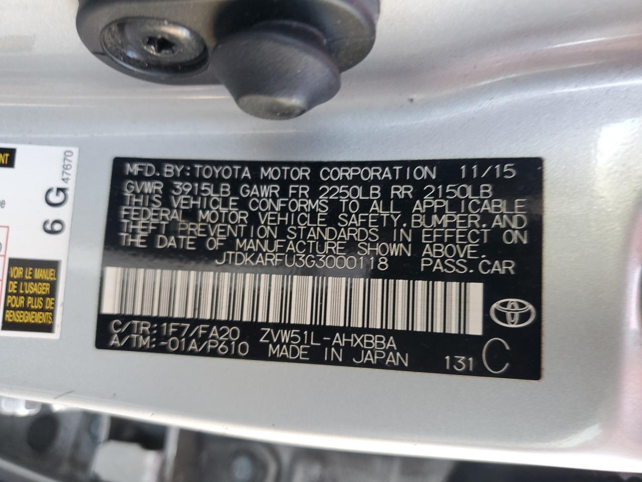 JTDKARFU3G3000118 2016 Toyota Prius