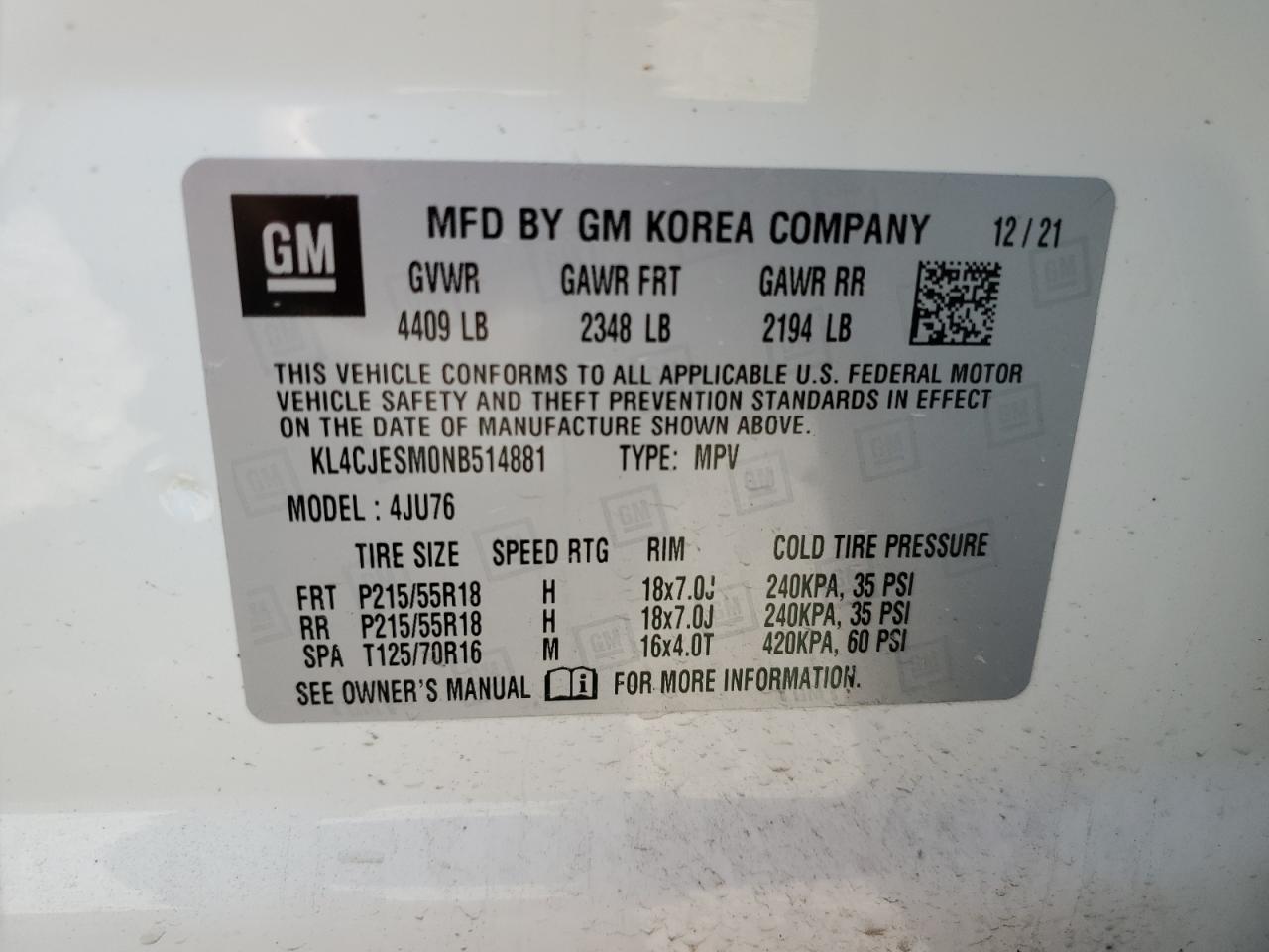 2022 Buick Encore Preferred VIN: KL4CJESM0NB514881 Lot: 73781944