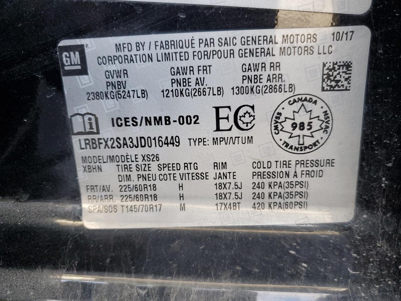 2018 Buick Envision Essence VIN: LRBFX2SA3JD016449 Lot: 75180664