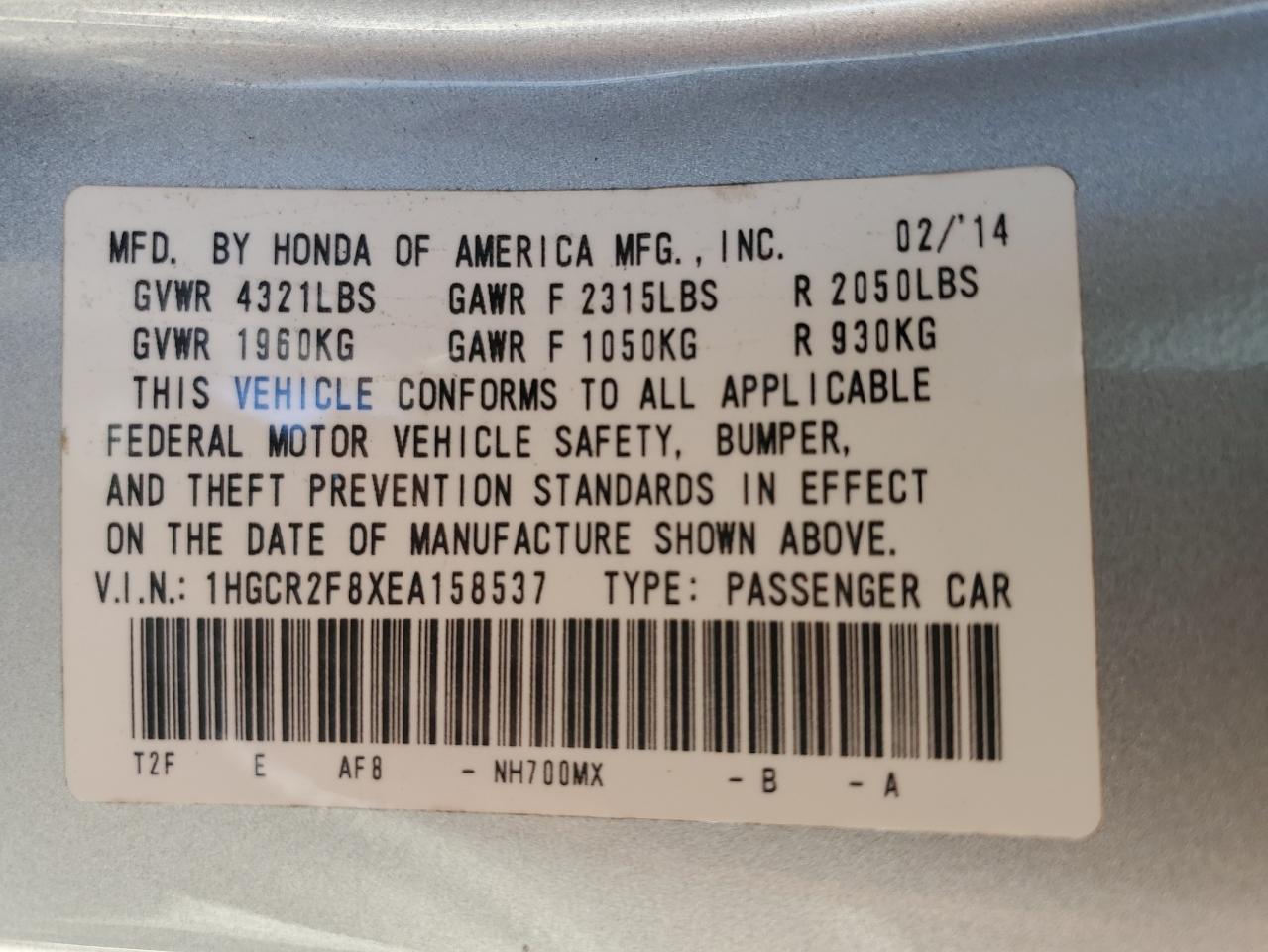 1HGCR2F8XEA158537 2014 Honda Accord Exl